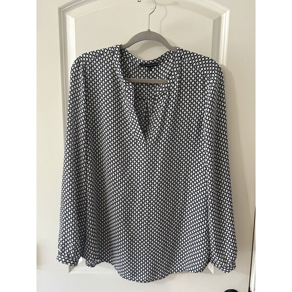 Adrianna Papell Size Large Navy Print V-neck Pullover Blouse Office - Picture 1 of 7